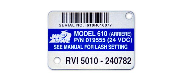 Industrial aluminum nameplate sample with mounting holes