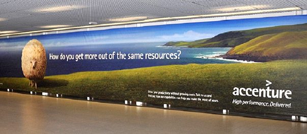Large-format printed banner advertising a business