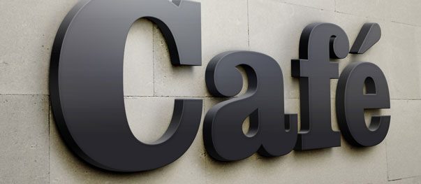 Dimensional lettering mounted on a café wall