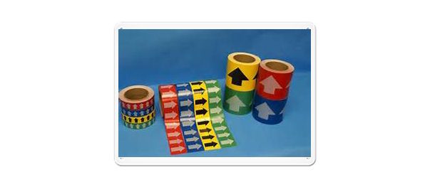 Wrap-around pipe markers identifying pipe contents and flow direction