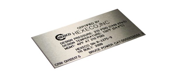 Stainless steel rating plate sample with technical data