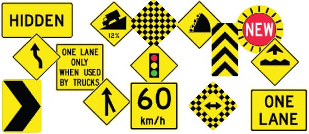 Yellow traffic warning signs for site roads and parking areas