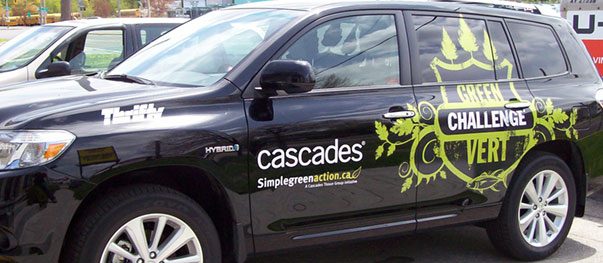 Company car with lettering and logo graphics